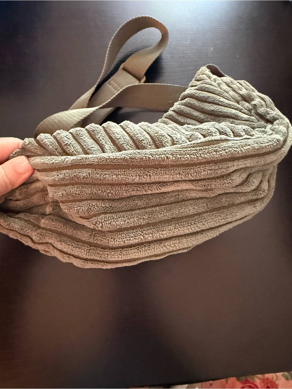 OLIVE green wide whale corduroy crescent knit fanny pack, hip bag - Picture 2 of 4